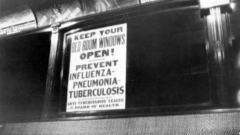 An influenza warning notice by the Anti-Tuberculosis League, displays inside public transportation sometime between 1918 and 1920.