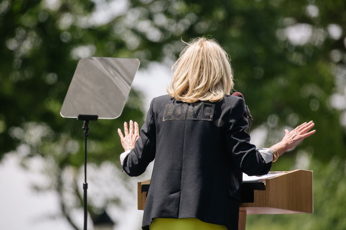 Jill Biden seen wearing the same jacket on the campaign trail in Philadelphia, Pennsylvania, in 2019.