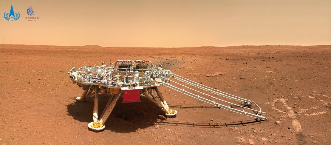 The rover's lander displays China's flag.
