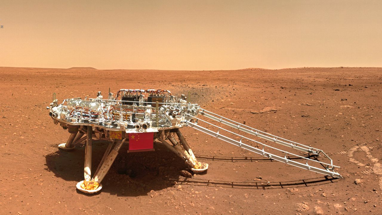 The rover's lander displays China's flag.