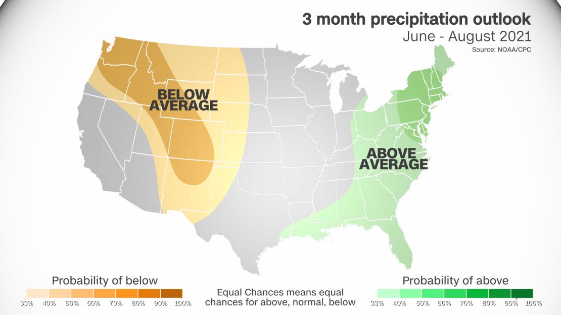 Climate Prediction Center's precipitation outlook for June through August.