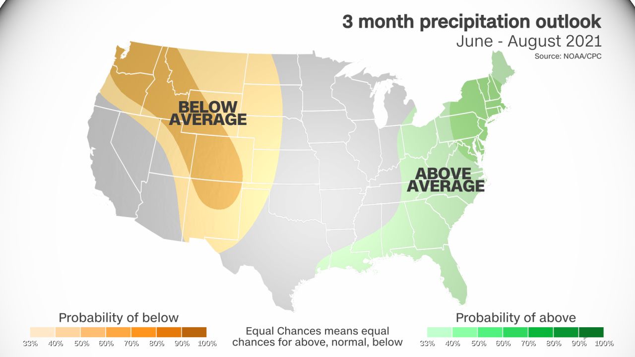 Climate Prediction Center's precipitation outlook for June through August.