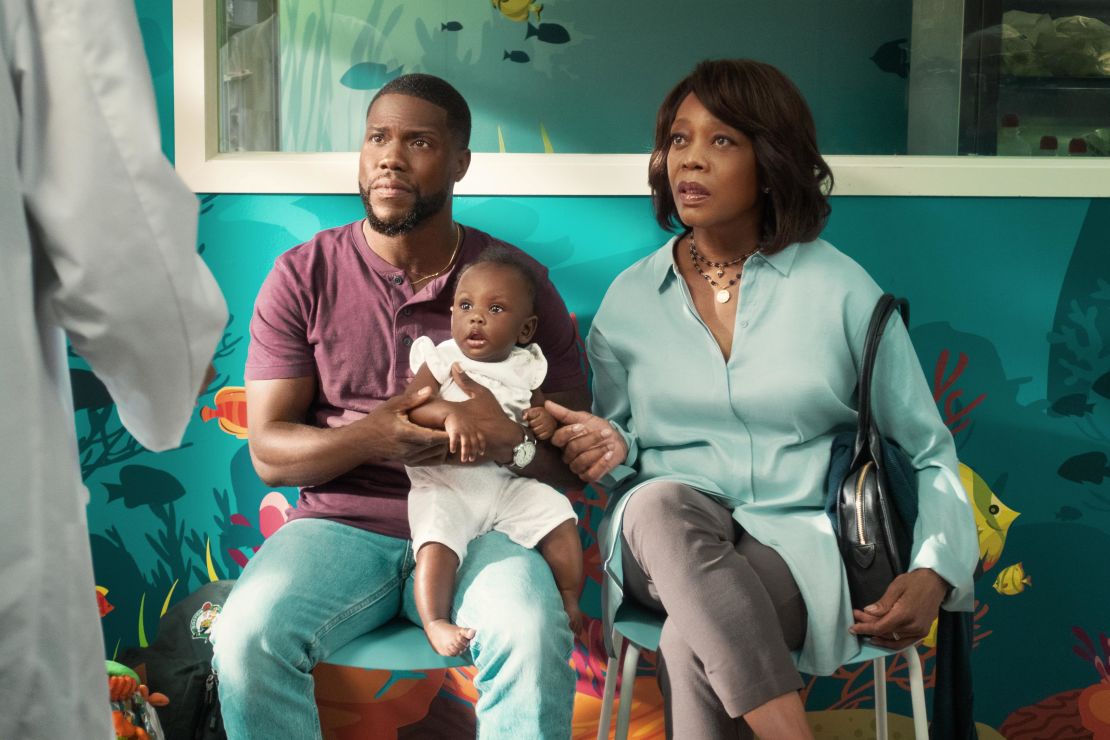 Kevin Hart (left) and Alfre Woodard (right), who plays Marian, are shown in a scene from "Fatherhood." 