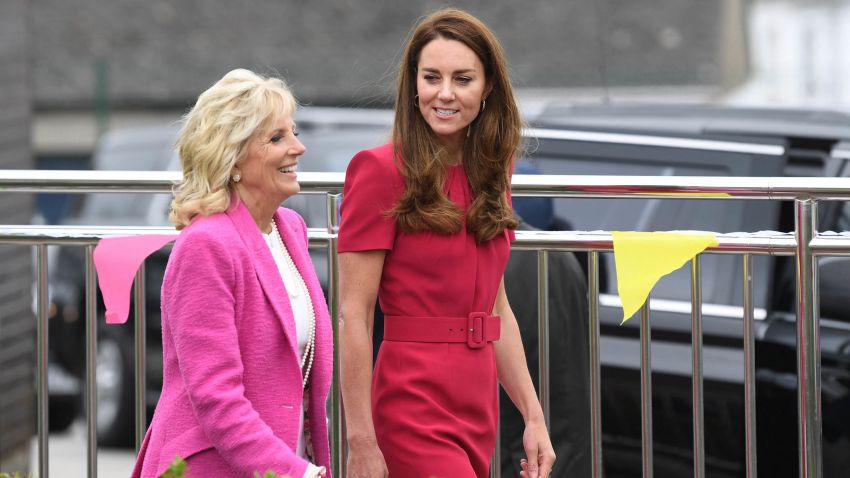 Britain's Catherine, Duchess of Cambridge and US First Lady Jill Biden visit Connor Downs Academy in Hayle, Cornwall on the sidelines of the G7 summit on June 11, 2021. (Photo by DANIEL LEAL-OLIVAS / various sources / AFP) (Photo by DANIEL LEAL-OLIVAS/AFP via Getty Images)