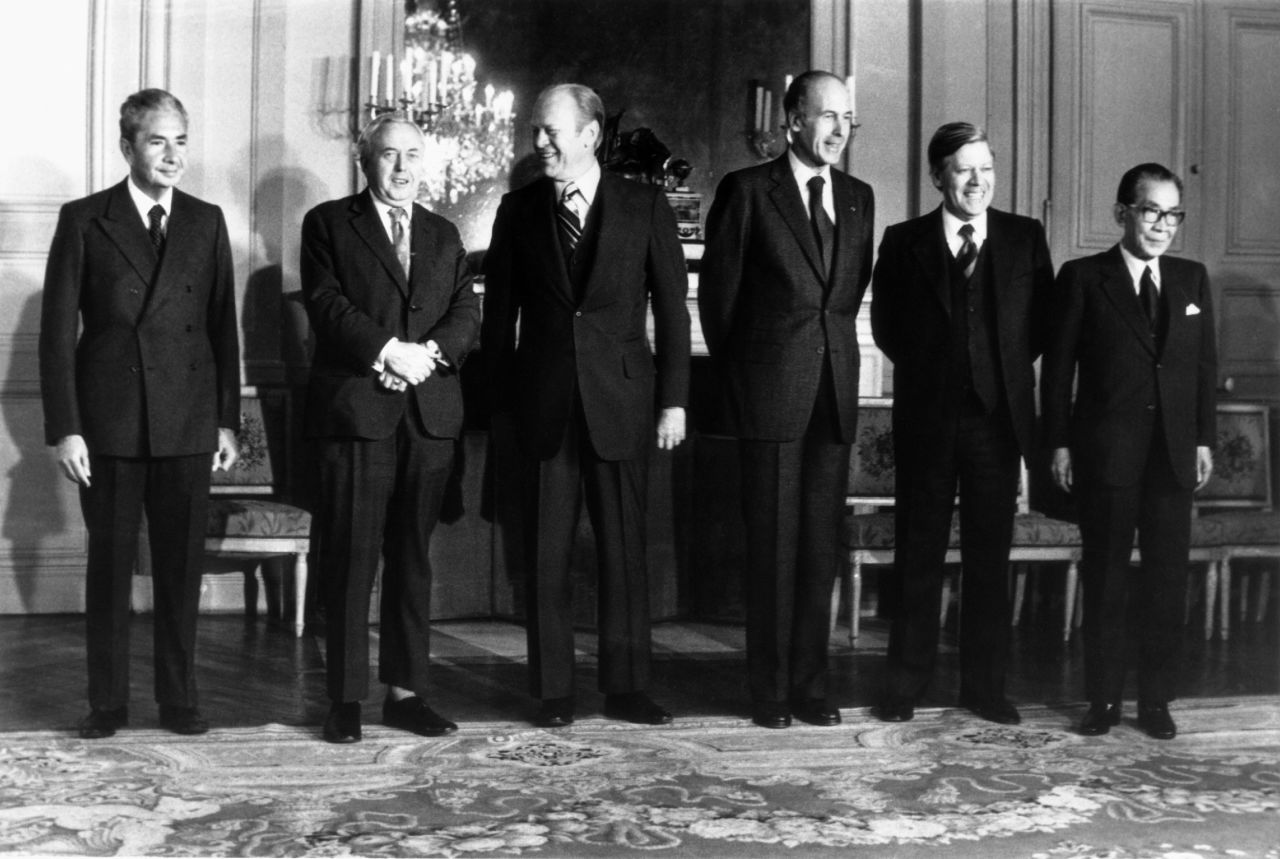 From left, Italian Prime Minister Aldo Moro, British Prime Minister Harold Wilson, US President Gerald Ford, French President Valéry Giscard d'Estaing, West Germany Chancellor Helmut Schmidt, and Japanese Prime Minister Takeo Miki pose for a photo at the first G6 summit on November 17, 1975, at the Chateau de Rambouillet near Paris. The then-informal meeting started the series of annual Group of Seven (G7) and G8 summits.