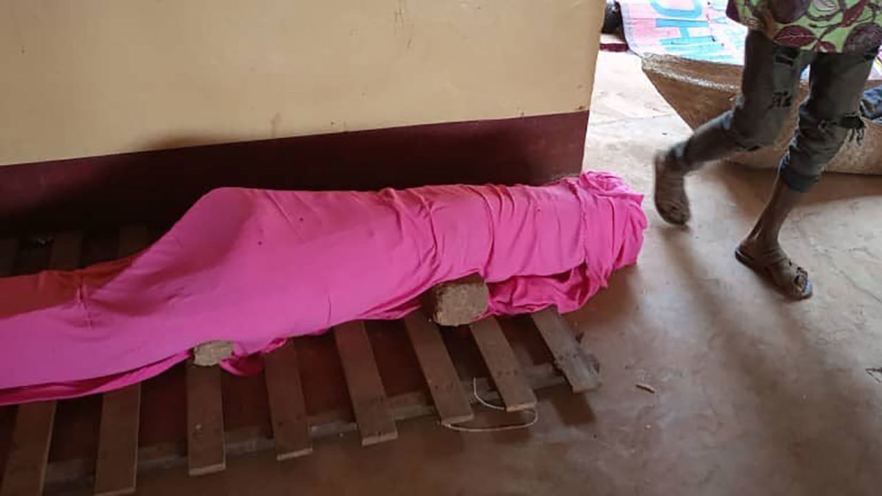 The body of a victim of the shootings in and around al Taqwa mosque is seen in February 2021.