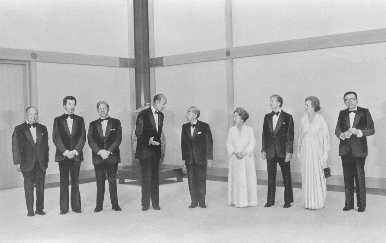 The fifth G7 summit in 1979 was held in Tokyo. From left, Japanese Prime Minister Masayoshi Ōhira, Canadian Prime Minister Joe Clark, West Germany Chancellor Schmidt, French President Giscard d'Estaing, Japanese Emperor Hirohito, Japanese Empress Nagako, US President Jimmy Carter, British Prime Minister Margaret Thatcher, and Italian Prime Minister Giulio Andreotti attended.