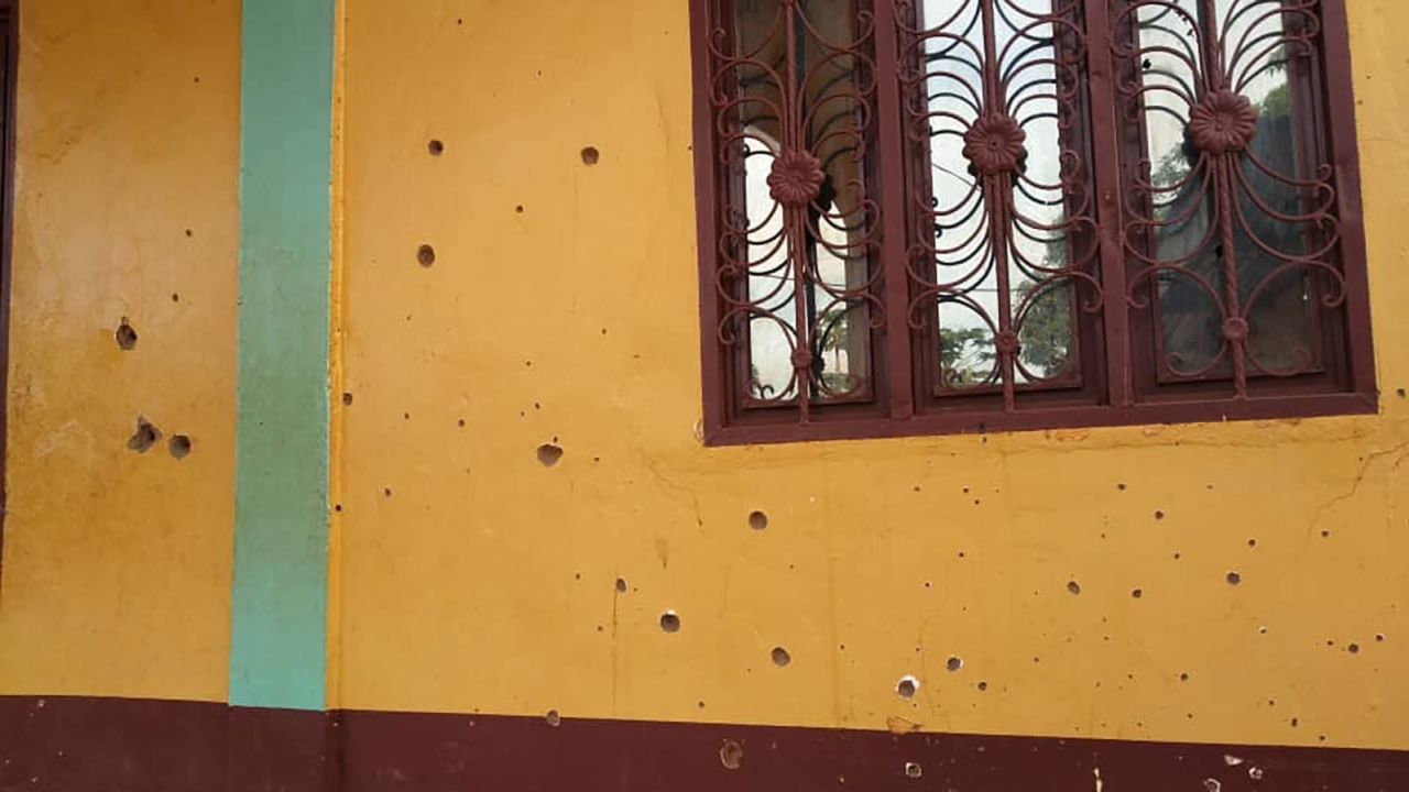 Bullet holes are seen in an exterior wall of the al Taqwa mosque in Bambari, Central African Republic, in a photo taken in May 2021.