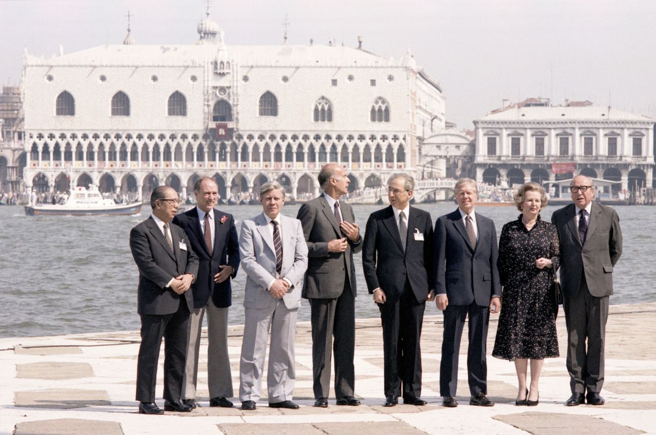 From left, Japanese politician Saburō Ōkita, Canadian Prime Minister Pierre Trudeau, West Germany Chancellor Schmidt, French President Giscard d'Estaing, Italian President Francesco Cossiga, US President Carter, British Prime Minister Thatcher, and President of the European Commission Roy Jenkins attended the sixth G7 summit in Venice, Italy, in 1980.