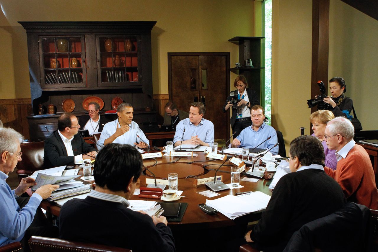 US President Barack Obama speaks during a roundtable at the 38th G8 Summit in 2012 at Camp David, Maryland. To his right are UK Prime Minister David Cameron, Russian Prime Minister Dmitry Medvedev, German Chancellor Angela Merkel, European Council President Herman Van Rompuy, European Commission President José Manuel Barroso, Japanese Prime Minister Yoshihiko Noda, Italian Prime Minister Mario Monti, and French President Francois Hollande.