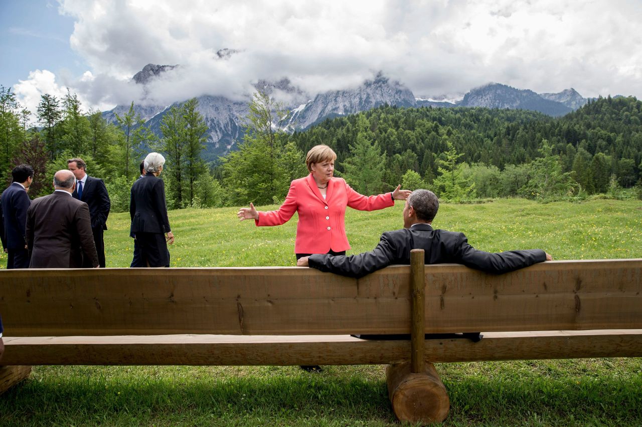 Merkel speaks to Obama outside the Schloss Elmau after a meeting during the 41st G7 summit in Krün, Germany, in 2015.