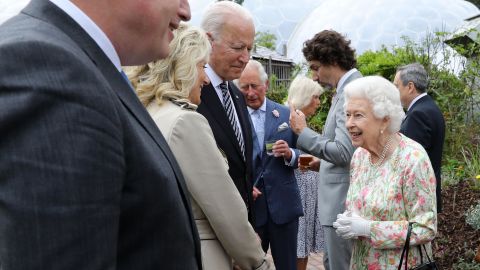 Queen Elizabeth II speaks with the Bidens during a reception at The Eden Project in Bodelva, England, on Friday.