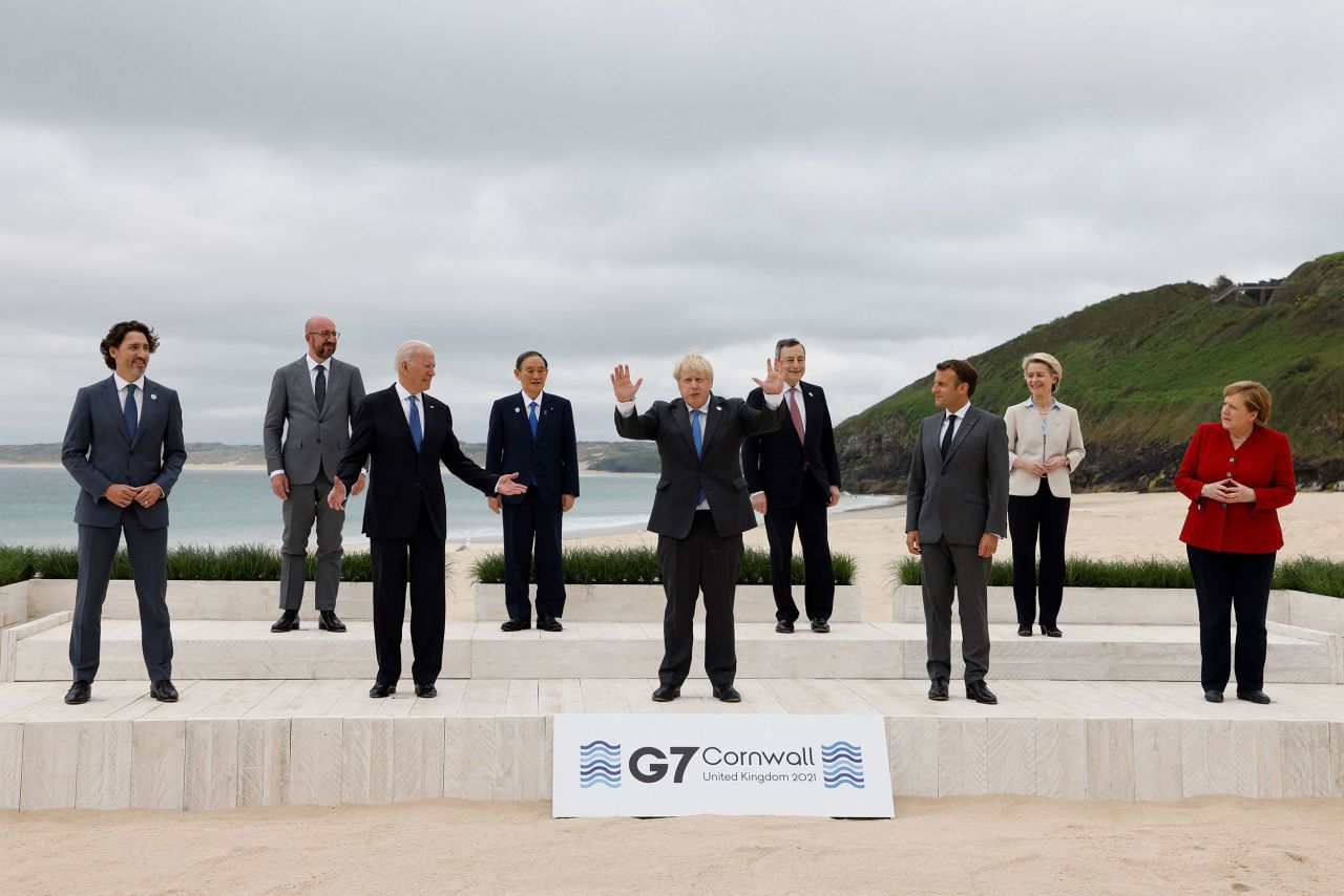 Trudeau, President of the European Council Charles Michel, US President Joe Biden, Japanese Prime Minister Yoshihide Suga, British Prime Minister Boris Johnson, Italian Prime Minister Mario Draghi, Macron, President of the European Commission Ursula von der Leyen and German Chancellor Merkel pose for the family photo at the start of the 47th G7 summit in Carbis Bay, Cornwall, on June 11. The world leaders finally met in person after the 46th G7 summit was canceled because of the coronavirus pandemic.