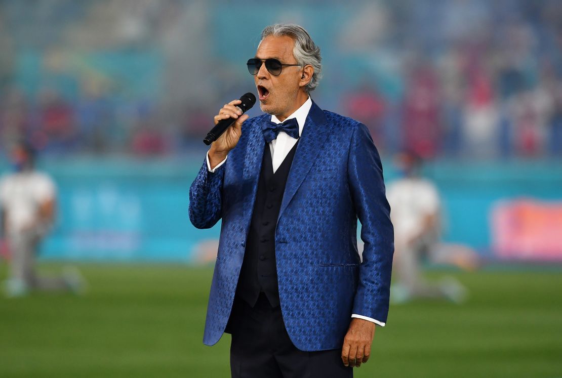 Tenor Andrea Bocelli performs Giacomo Puccini's 'Nessun dorma' during the opening ceremony.