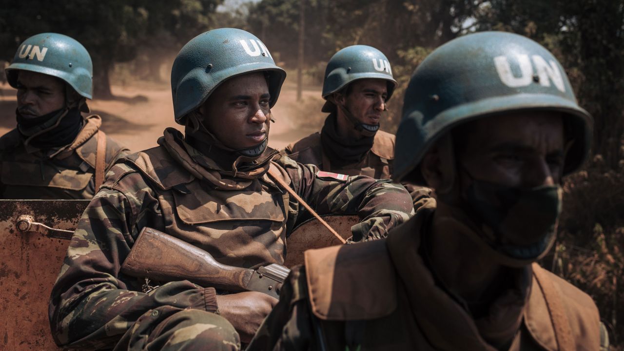 Moroccan peacekeepers from MINUSCA, the UN mission in the Central African Republic, patrol in the town of Bangassou on February 3, 2021.