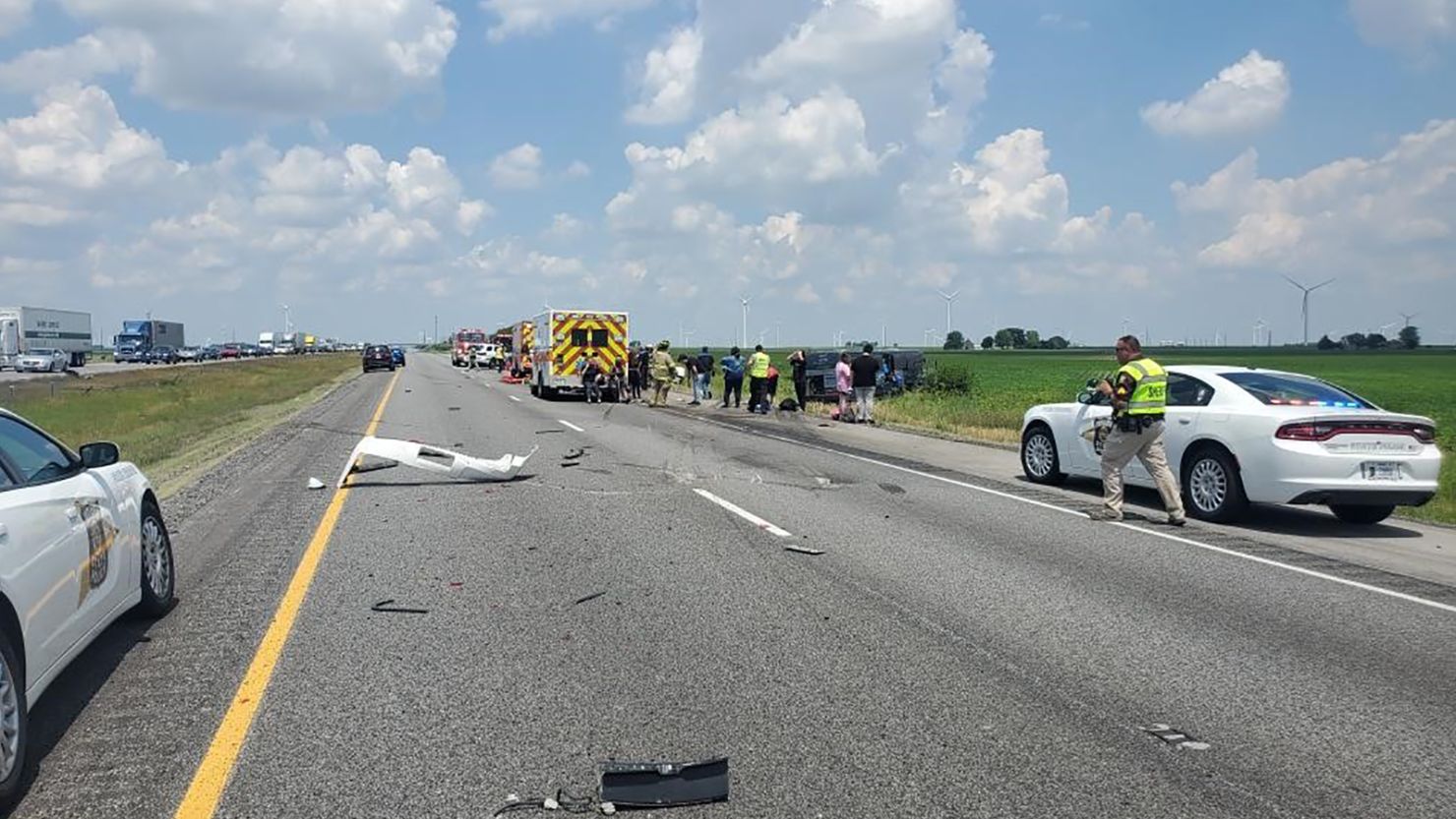 Emergency crews work the scene of a fatal crash on I-65 north of Indiana 18.