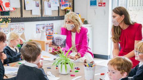 First Lady Jill Biden and Catherine, Duchess of Cambridge, visit with young children in Cornwall on June 11.
