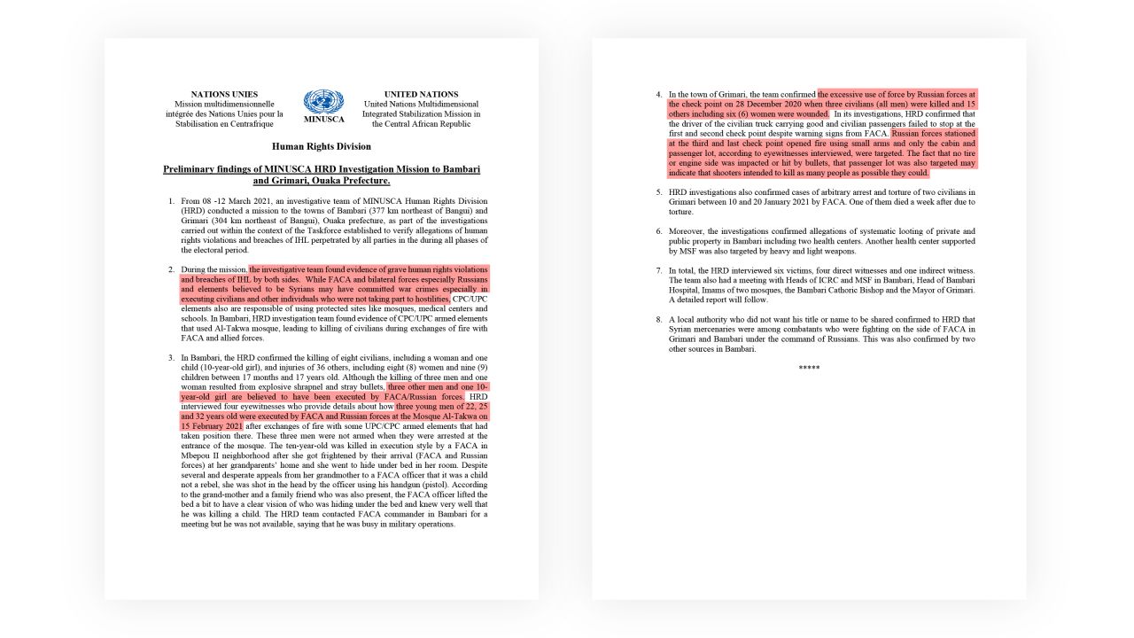 MINUSCA's Human Rights Division made a preliminary report in March 2021 following a specific trip to investigate allegations in Bambari and Grimari, the scene of two alleged atrocities involving Russians. The document was obtained by the Sentry and shared with CNN.