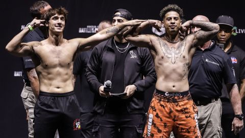 Bryce Hall and Austin McBroom face off during LiveXLive's "Social Gloves: Battle Of The Platforms" pre-fight weigh-in on June 11 in Hollywood, Florida.