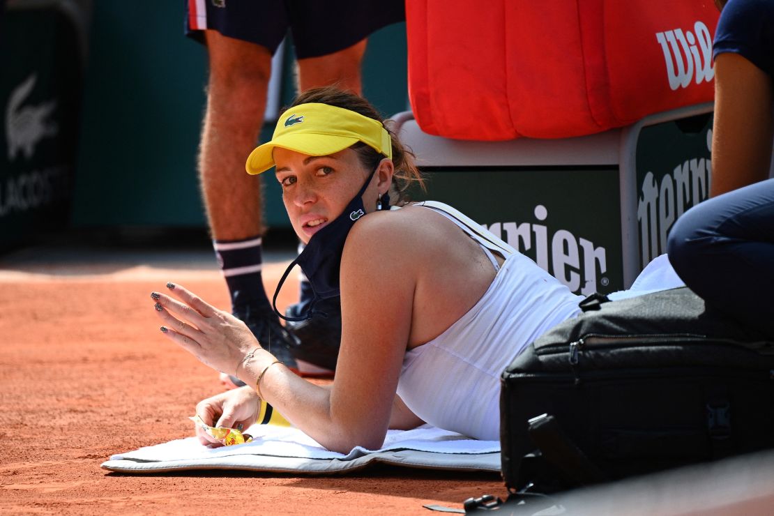 Anastasia Pavlyuchenkova receives a medical timeout during the second set.