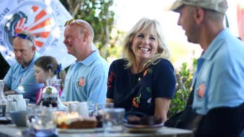 First lady Jill Biden meets with the Bude Surf Veterans and their families in Newlyn on the sidelines of the G7 summit on Saturday.