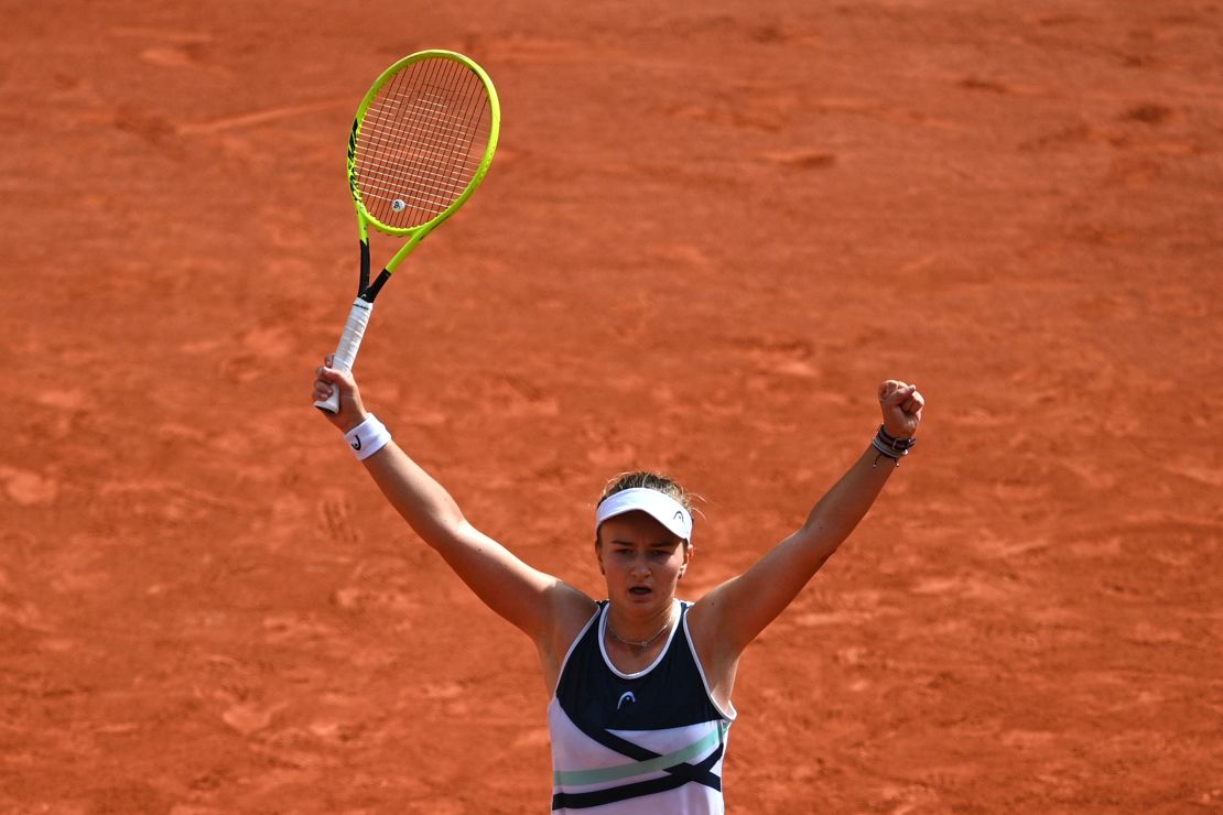 Barbora Krejcikova celebrates after winning the French Open singles title.