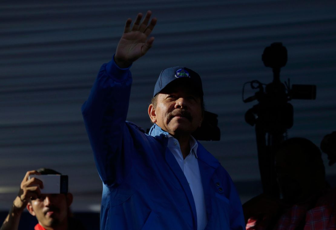 Nicaraguan President Daniel Ortega waves in Managua on August 22, 2018. 
