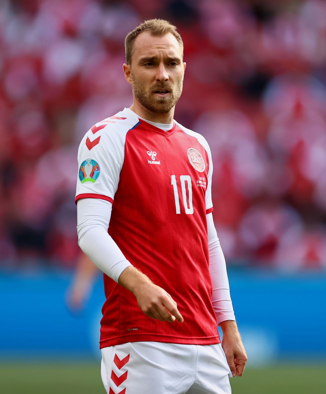 Christian Eriksen is pictured during Saturday's match between Denmark and Finland, shortly before he collapsed on the pitch.