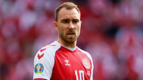 Christian Eriksen is pictured during Saturday's match between Denmark and Finland, shortly before he collapsed on the pitch.