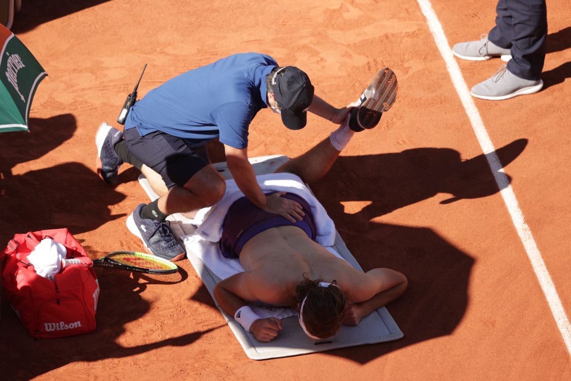 Stefanos Tsitsipas received medical treatment on court after the third set.