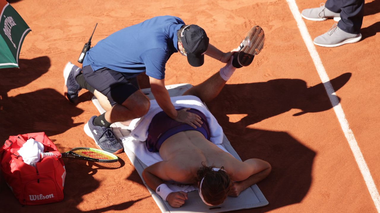 Stefanos Tsitsipas received medical treatment on court after the third set.