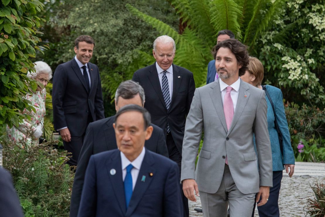 German Chancellor Angela Merkel, French President Emmanuel Macron,  Japanese Prime Minister Yoshihide Suga, Queen Elizabeth II, Canadian Prime Minister Justin Trudeau, Italian Prime Minister Mario Draghi,and United States President Joe Biden were at the G7 Summit on June 11 in St Austell, Cornwall, England.