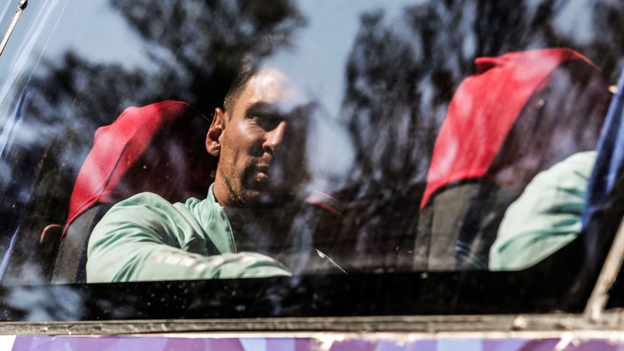 Messi is seen onboard a bus as Argentina's national football team leaves the training facilities of the Argentine Football Association.