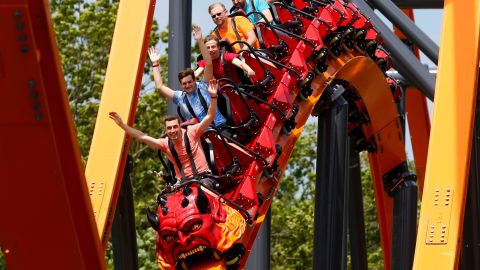People ride the Jersey Devil roller coaster at Six Flags Great Adventure in Jackson Township, NJ, Thursday morning, June 10, 2021. The new attraction is 3,000 feet of soaring, single-rail, I-beam track. Great Adventure Jersey Devil Roller Coaster