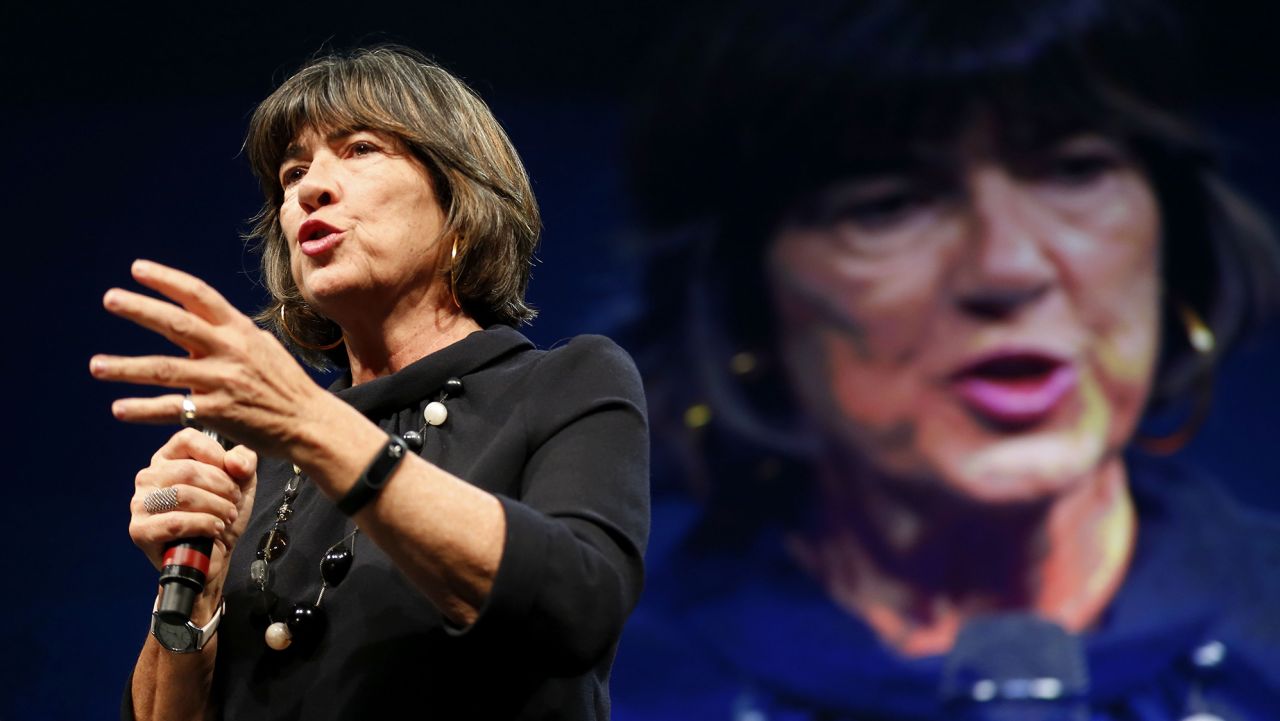 Christiane Amanpour, British-Iranian journalist, television host and president of the jury of 2018 Bayeux-Calvados Awards for war correspondents in Bayeux, northwestern France, gives a speech during the closing ceremony of the event, on October 13, 2018.