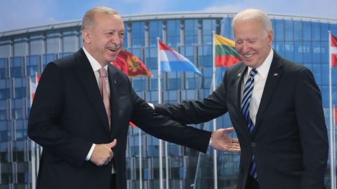 Turkish President Recep Tayyip Erdogan, left, greets Biden at the NATO summit in Brussels, Belgium, on Monday. Biden told reporters that much of <a href="https://www.cnn.com/2021/06/14/politics/recep-tayyip-erdogan-joe-biden-bilateral/index.html" target="_blank">his meeting with Erdogan</a> was one-on-one, and he said the interactions were "positive and productive."