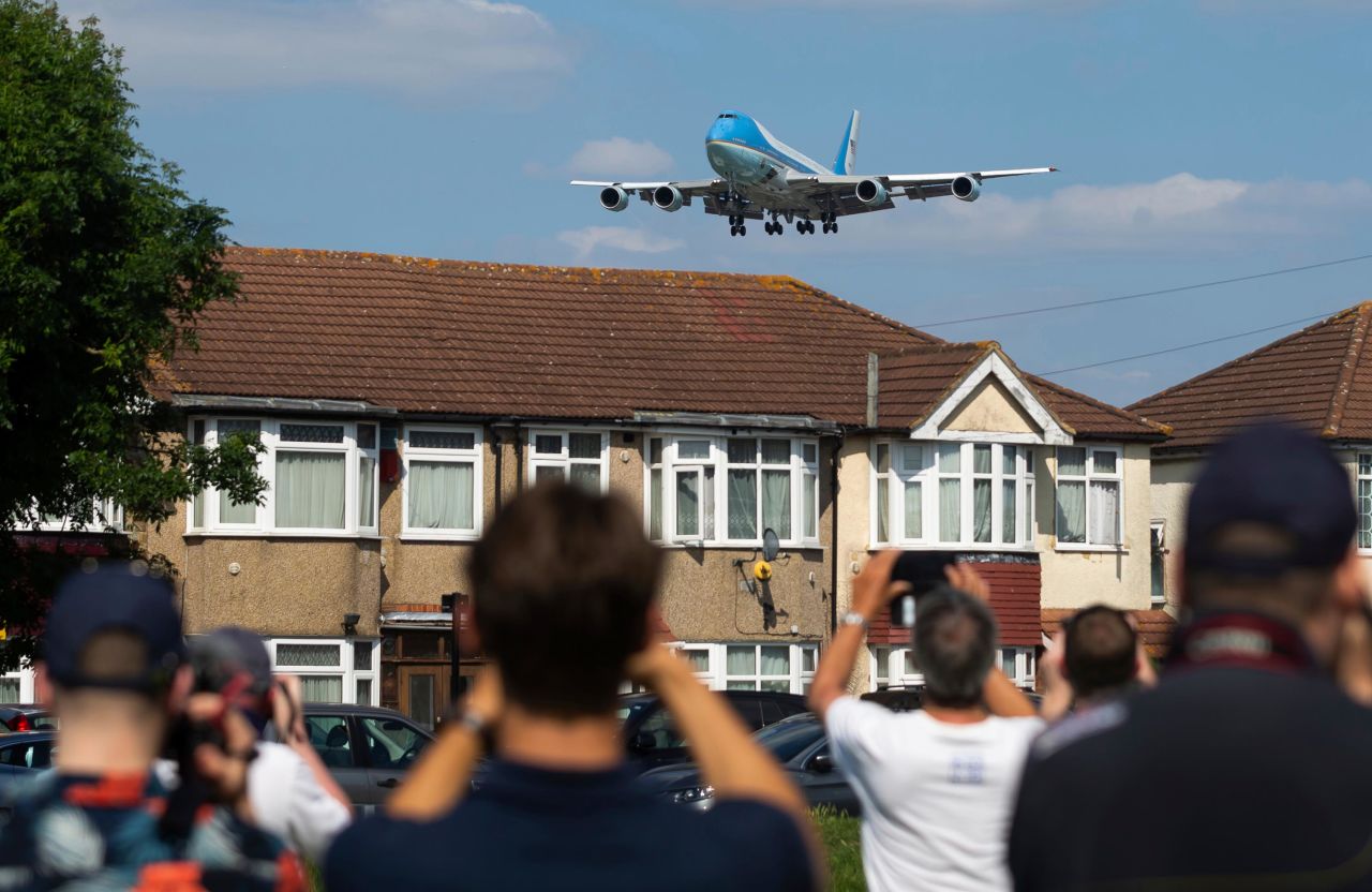 Air Force One arrives at London's Heathrow Airport on Sunday.