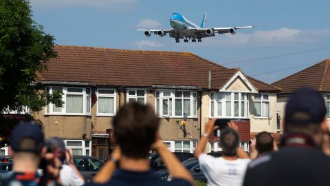 Air Force One arrives at London's Heathrow Airport on Sunday.