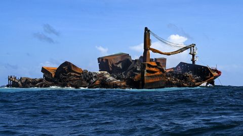 The Singapore-registered container ship MV X-Press Pearl carrying hundreds of tons of chemicals and plastics, sinks after burning for almost two weeks, just outside Colombo's harbor on June 2.