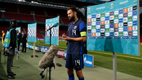Sparv gives an interview following Finland's game against Denmark. 