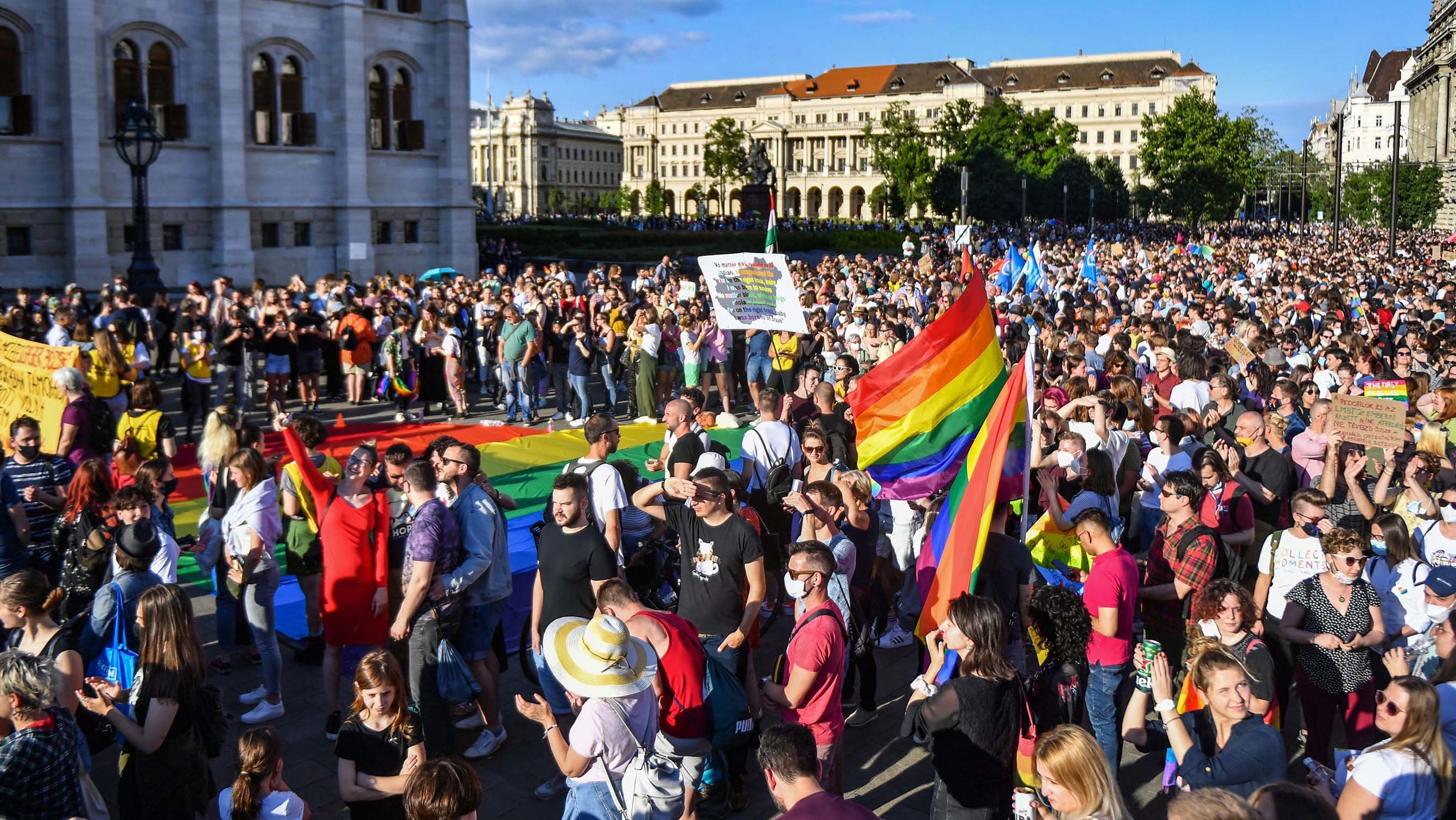 Participants gather near the Parliament building in Budapest on June 14, during a demonstration against the Hungarian government's draft bill seeking to ban the "promotion" of homosexuality.