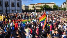 Participants gather near the parliament building in Budapest on June 14, 2021, during a demonstration against the LGBTQ law.