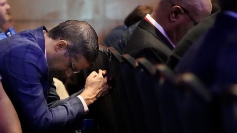 A man prays during the executive committee plenary meeting at the Southern Baptist Convention's annual meeting Monday, June 14, 2021, in Nashville, Tennessee. 