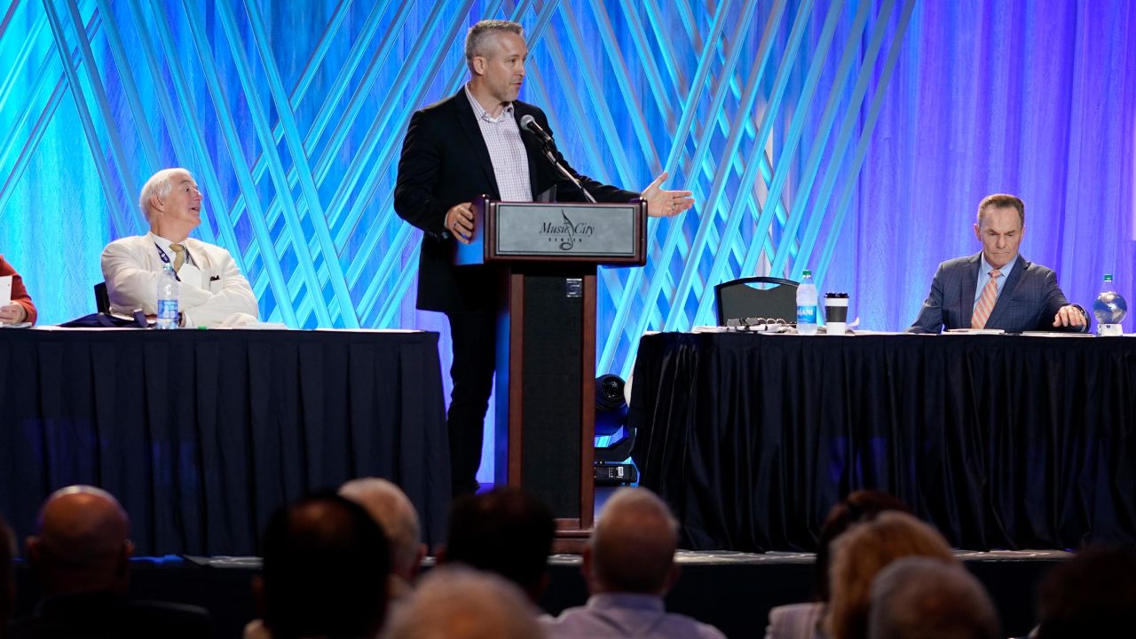 Southern Baptist Convention President J.D. Greear, center, speaks during the executive committee plenary session at the annual Southern Baptist Convention meeting Monday, June 14, 2021, in Nashville, Tennessee.