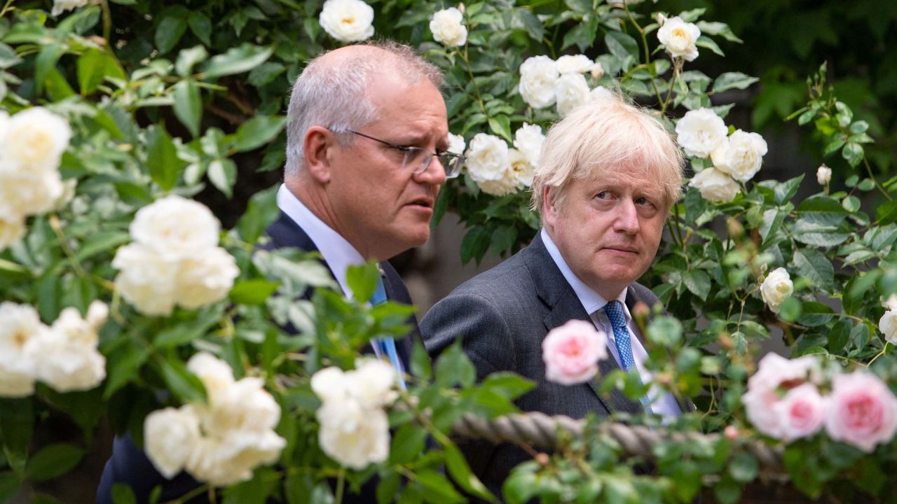 Britain's Prime Minister Boris Johnson (R) and Australia's Prime Minister Scott Morrison walk in the garden of 10 Downing street in central London on June 15, 2021.