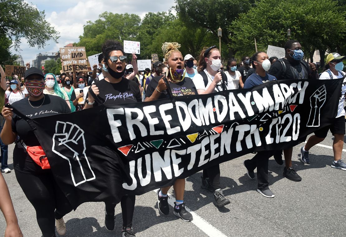 Demonstrators chant during a Juneteenth march and rally in Washington, D.C. on June 19, 2020.