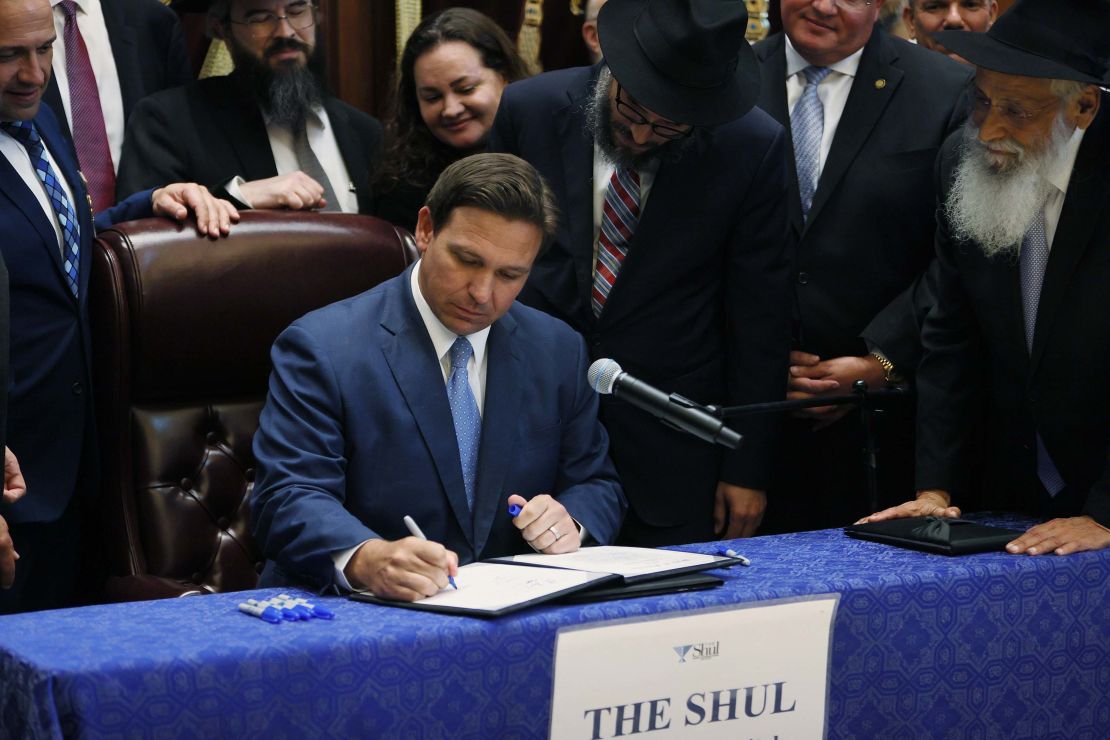 DeSantis signs two bills at the Shul of Bal Harbour on Monday, June 14, in Surfside, Florida. 
