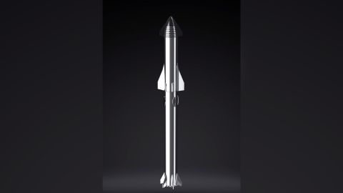 A rendering of the Starship spacecraft and rocket booster, fully assembled.