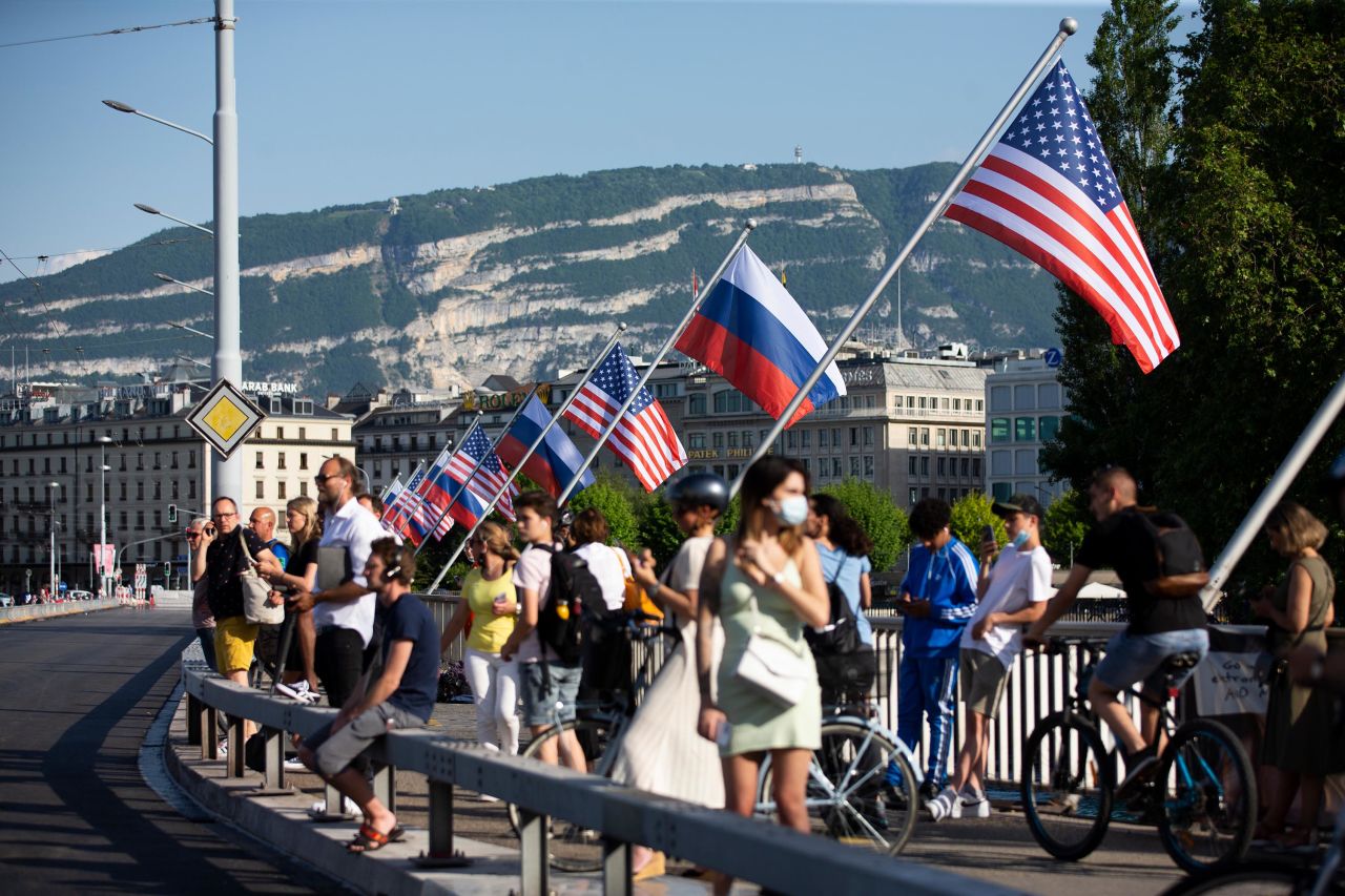 US and Russian flags wave on the Mont Blanc Bridge in Geneva on Tuesday.