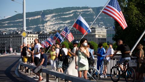 US and Russian flags wave on the Mont Blanc Bridge in Geneva on Tuesday.